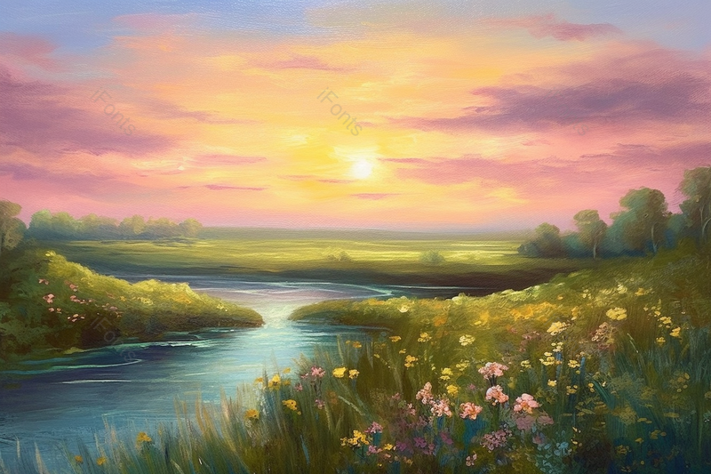 春天花丛平原绿色草地河流黄昏日落唯美油画,插画/手绘图,插画/手绘图库,插画/手绘图下载,插画/手绘
